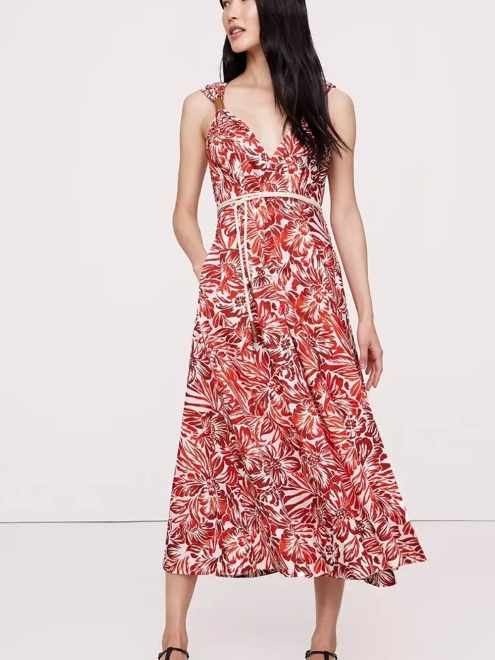 Banana Republic Cotton Poplin Wrap Maxi Dress Red Floral Pockets $200, Sz 6, NWT